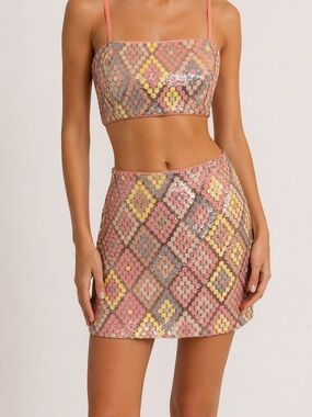 Caroline Constas Sequin Diamond-Print Mini Skirt and Crop Top in Pink size 2